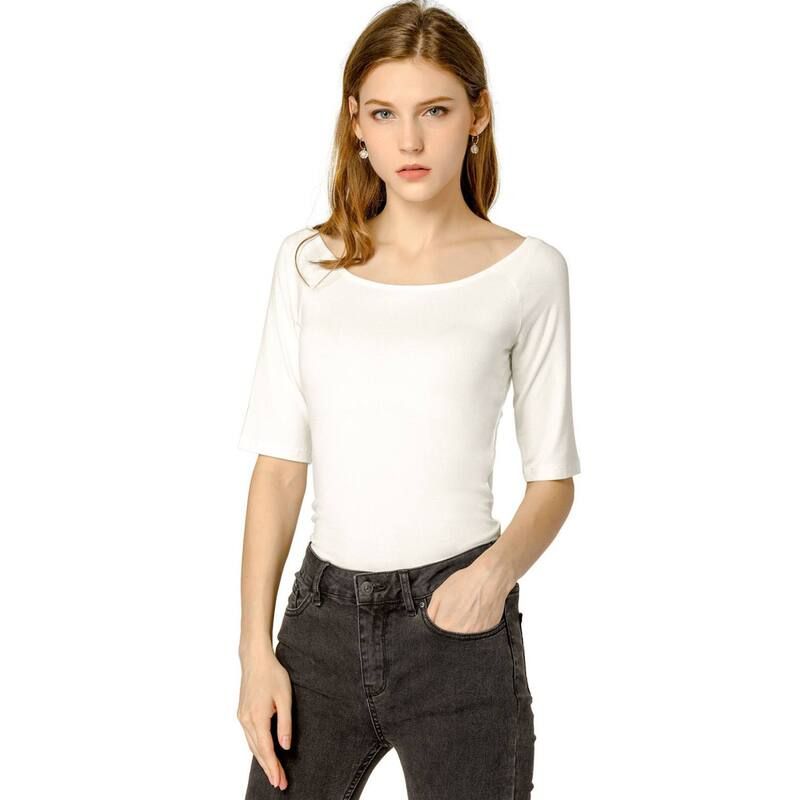 アレグラ ケー レディース トップス シャツ ALLEGRA K Womens Half Sleevescoop Neck Fitted Layering Top TShirt Beige ベージュ