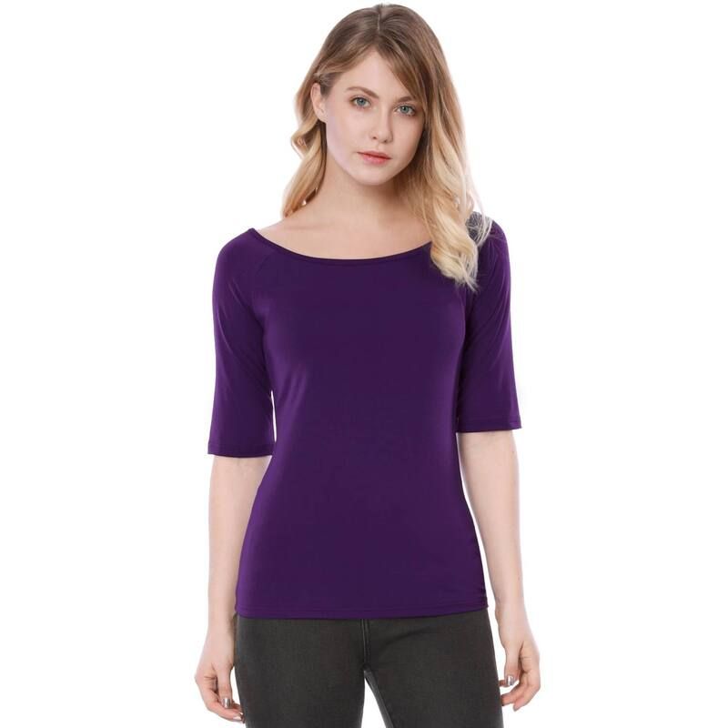 アレグラ ケー レディース トップス シャツ ALLEGRA K Womens Half Sleevescoop Neck Fitted Layering Top TShirt Dark Purple
