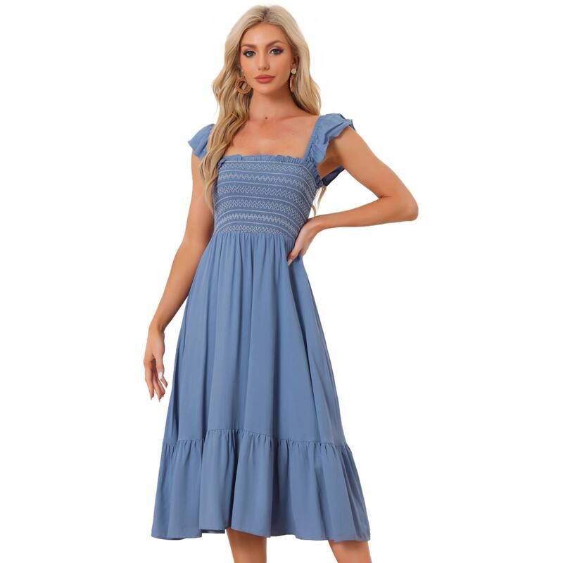 アレグラ ケー レディース トップス ワンピース ティアード フリル ミディ ノースリーブ シャーリング ALLEGRA K Womensmocked Sundress Casual Square N
