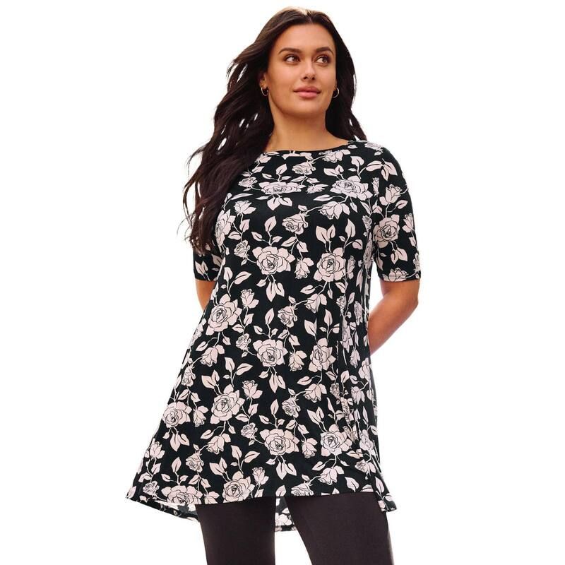 アベニュー レディース トップス Tシャツ プラスサイズ Avenue Womens Plusize Boatneck Swing Tunic Black Pretty Roses ブラック