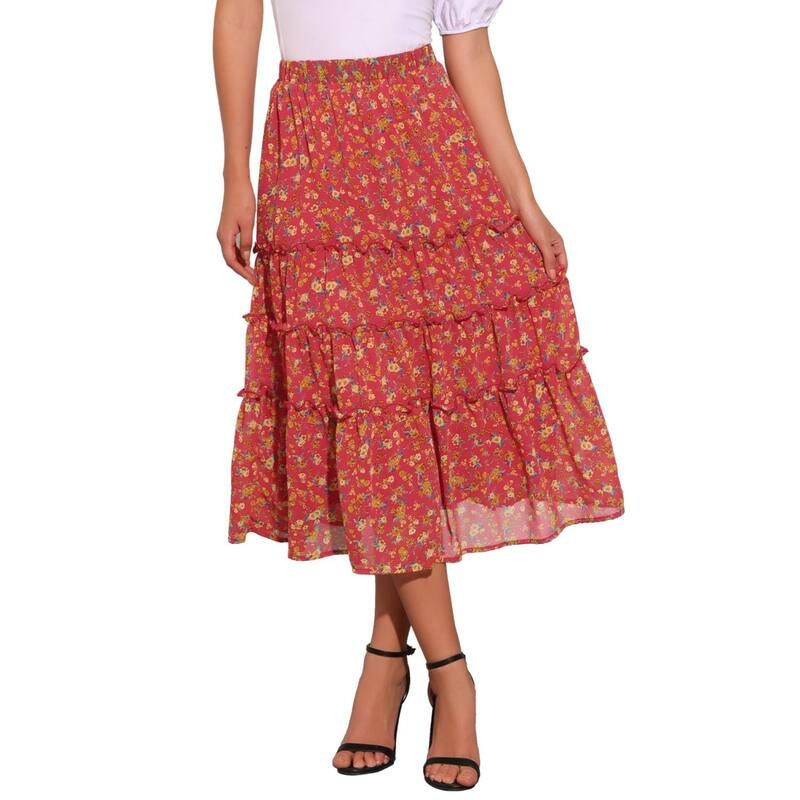 アレグラ ケー レディース ボトムスカート ティアード フラワー柄 プリント フリル マキシ フラワー ALLEGRA K Womens Floral Print Elastic Waist Ruff