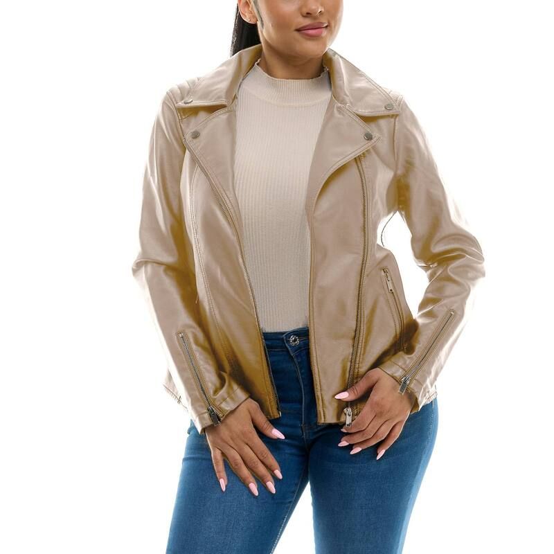ニナレオナルド レディース アウター ジャケット・ブルゾン レザー Womens Nina Leonard Pleather Moto Jacketan タン