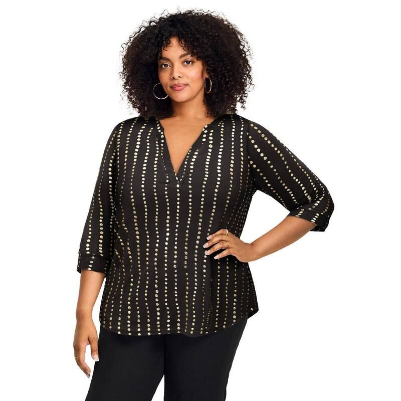 アベニュー レディース トップス Tシャツ プラスサイズ Avenue Womens Plusize SplitNeck Foil Top Black Stripe Dot ブラック