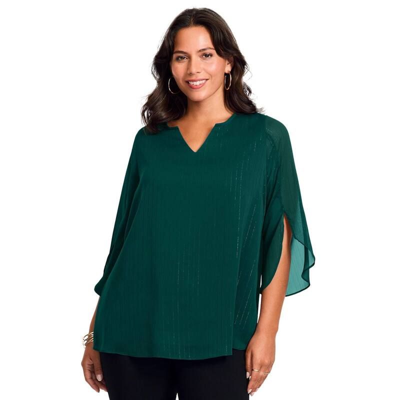 アベニュー レディース トップス シャツ プラスサイズ ブラウス Avenue Womens Plusize Lurex Stripe Tulip Sleeve Blousemerald Green
