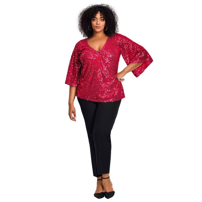 アベニュー レディース トップス Tシャツ プラスサイズ スパンコール Avenue Womens Plusize Faux Wrap Sequin Top Vibrant Red Sequin レッ