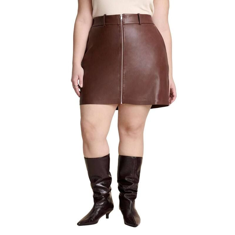 エロクイ レディース ボトムスカート プラスサイズ ミニ レザー フェイクレザー ELOQUII Womens Plusize Faux Leather Mini Skirt Chocolate Fo