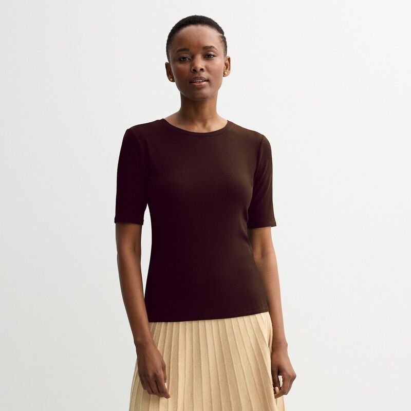 ナインウェスト レディース トップス Tシャツ プチ Petite Nine West Fitted Elbow Sleeve Tee Chocolate Brown ブラウン