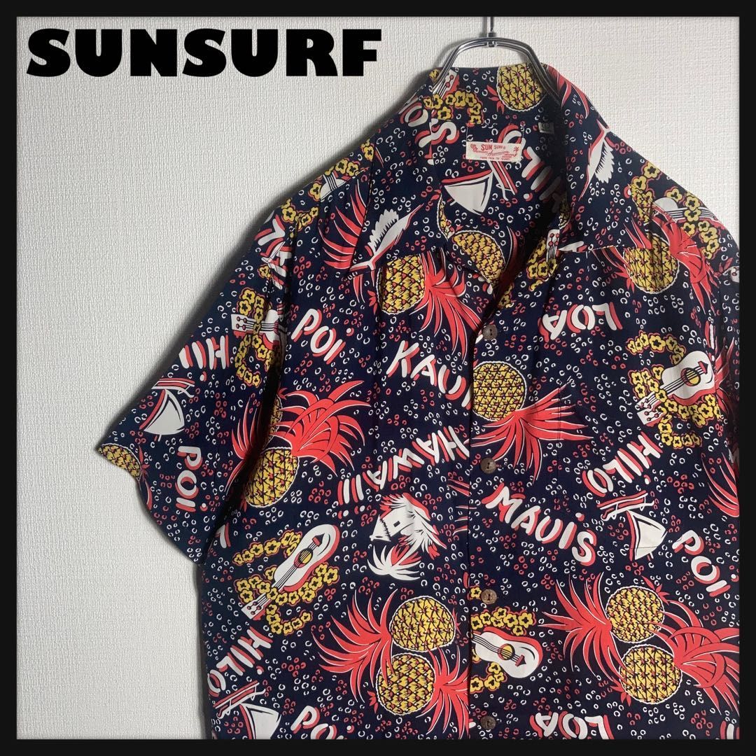 【極美品】SUNSURF アロハシャツ 半袖 パイナップル ウクレレ 紺 L