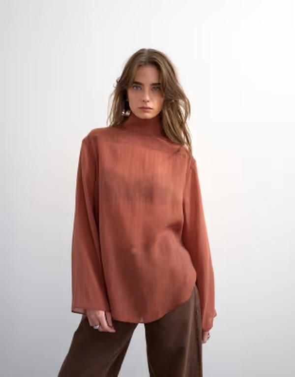 トップショップ レディース トップス シャツ スタンドネック Topshop funnel neck backwards long sleeve shirt in rust ラスト