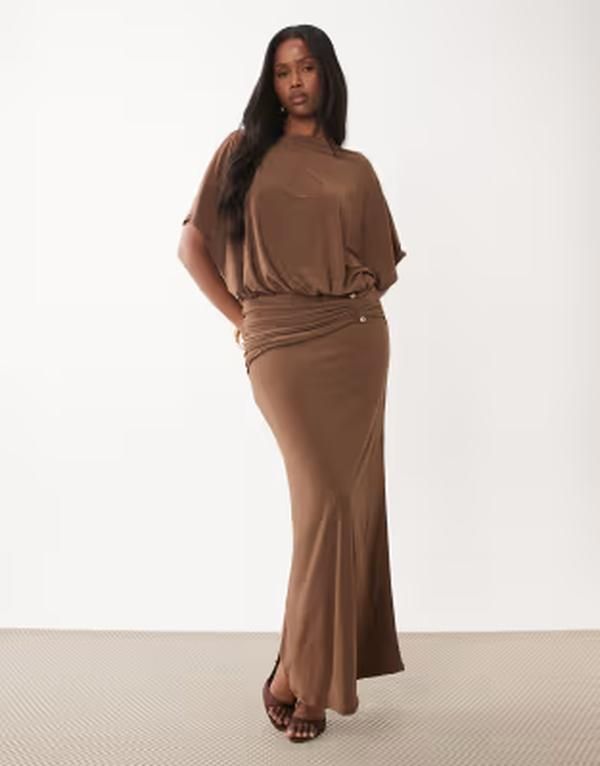 エイソス レディース トップス ワンピース ギャザー マキシ ASOS DESIGN angel sleeve blouson column maxi dress with ruched metal