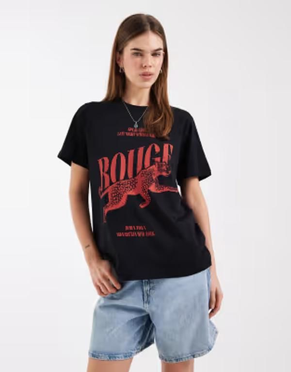 エイソス レディース トップス Tシャツ グラフィック ASOS DESIGN regular tshirt with leopard graphic Black ブラック