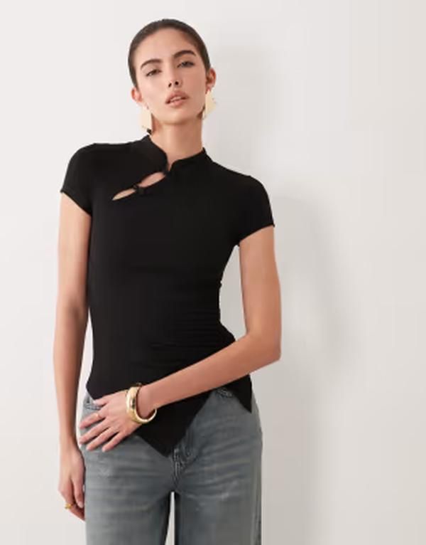 エイソス レディース トップス Tシャツ キャップ ASOS DESIGN stand collar cap sleeve top Black ブラック