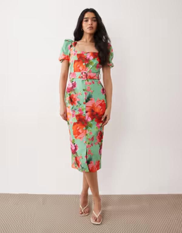 ホープ＆アイビー レディース トップス ワンピース フラワー柄 ミディ フラワー Hope Ivy stretch square neck belted midi dress floral Green
