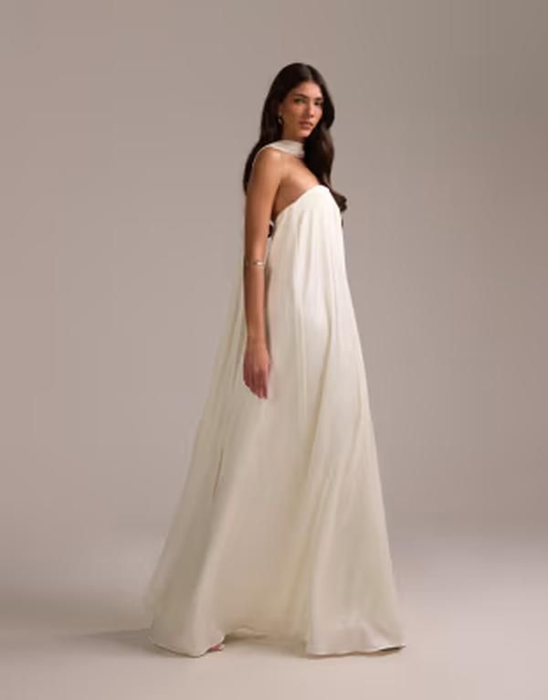 エイソス レディース トップス ワンピース サテン ASOS DESIGN satin bandeau wedding dress with scarf Ivory アイボリー