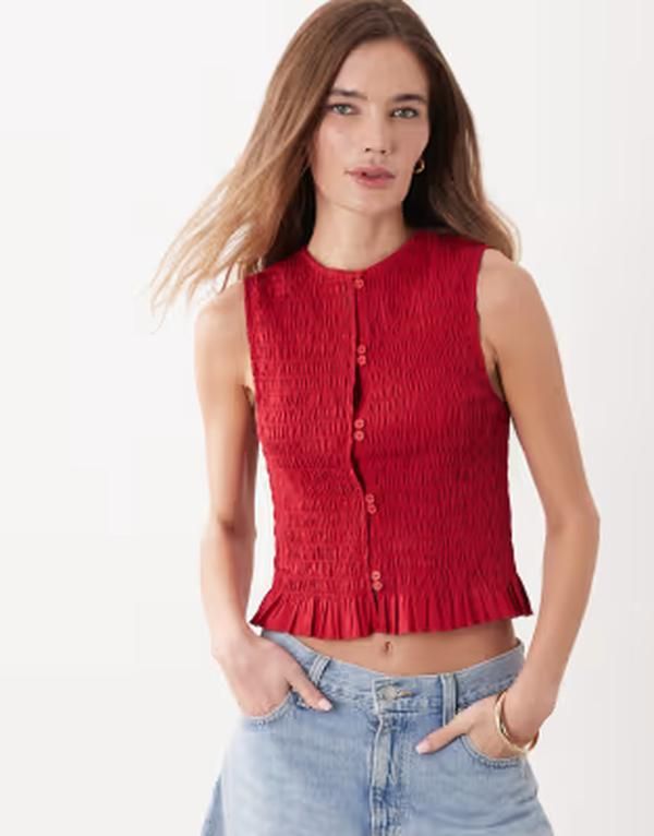 エイソス レディース トップス シャツ ノースリーブ ASOS DESIGN double button shirred sleeveless top Red レッド