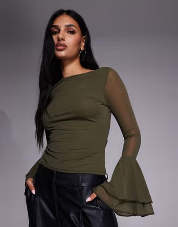 エイソス レディース トップス シャツ メッシュ ASOS DESIGN mesh slinky long sleeve top with flared sleeve detail Khaki カーキ