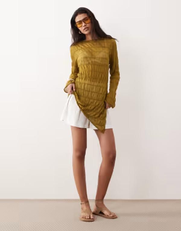 ミスセルフフリッジ レディース アウター ニット・セーター アシンメトリー シアー Misselfridge shirred asymmetric sheer knitop in olive オリーブ