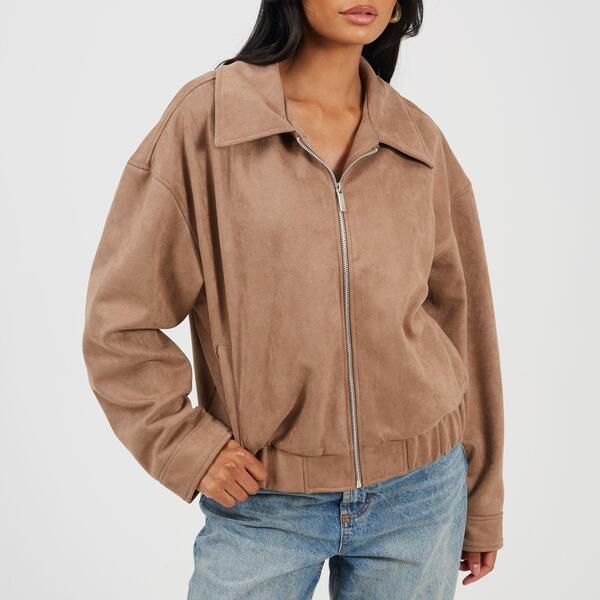 ブレーブソウル レディース アウター ジャケット・ブルゾン スエード Brave Soul BS Womens Fauz Suede Bomber Jacket with Collar Taupe ト
