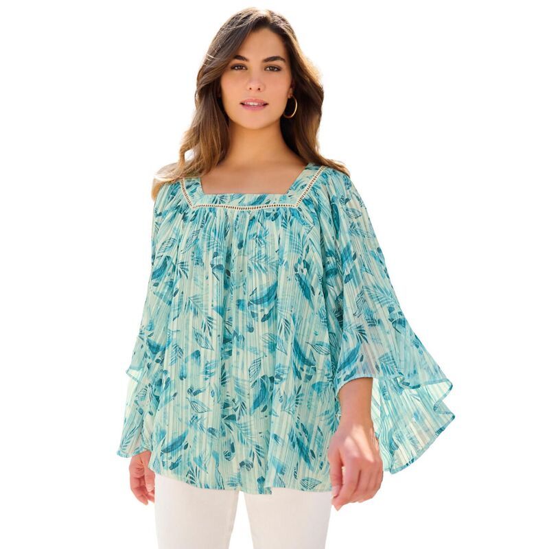 ロアマンズ レディース トップス シャツ プラスサイズ ブラウス Roamans Womens Plusize Square Neck Lurex Blouse Turquoise Mixed Lea