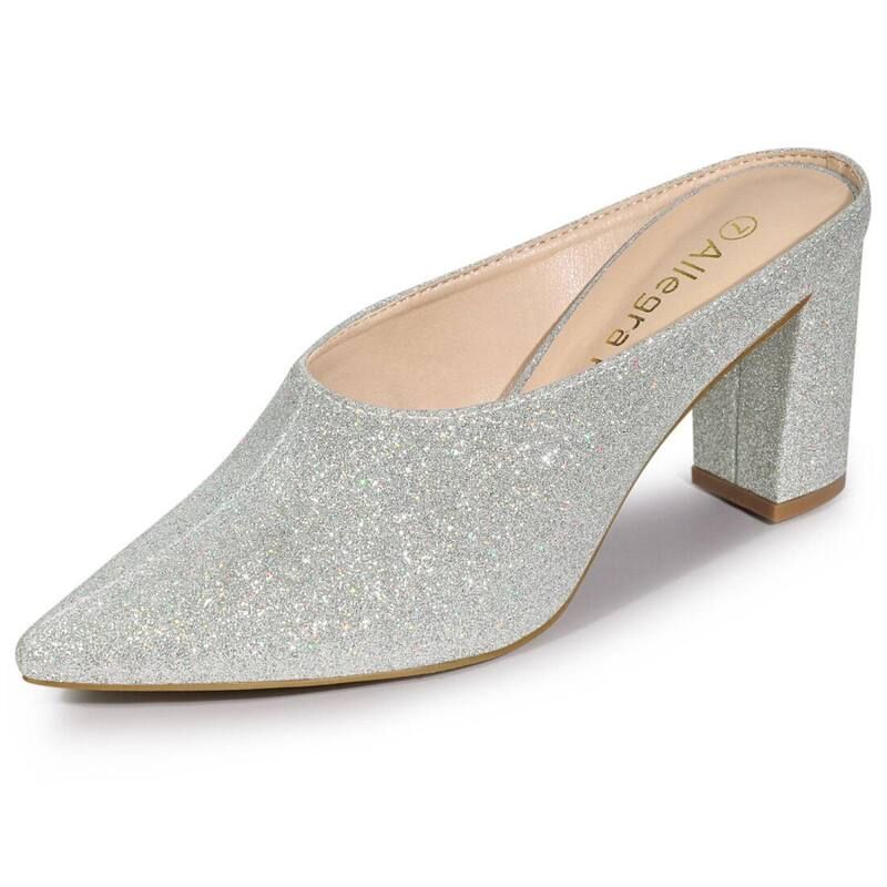 アレグラ ケー レディース シューズ サンダル ヒール ALLEGRA K Womens Glitter Pointed Toe Slip on Chunky Heelslides Mulesilve