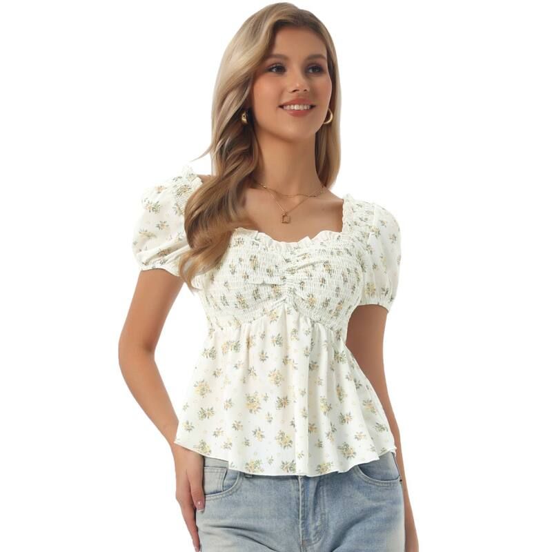 アレグラ ケー レディース トップス Tシャツ フラワー柄 フリル ブラウス フラワー ALLEGRA K Puffy Short Sleeve Floral Blouse for Womenswee