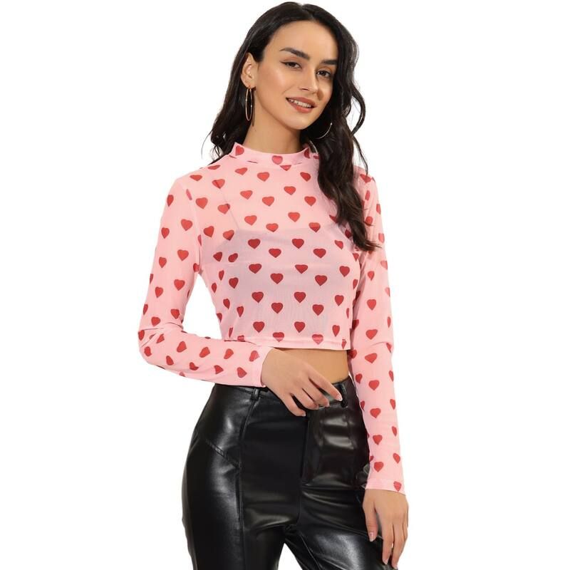 アレグラ ケー レディース トップス シャツ メッシュ シアー ブラウス ALLEGRA K Womensemisheer Blouse Heart Crop Tops Mesh Topink ピンク
