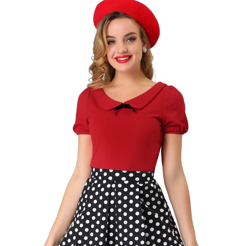 アレグラ ケー レディース トップス シャツ ブラウス ALLEGRA K Womens Bow Neck Solid Short Sleeve Peter Pan Collar Blouse Red