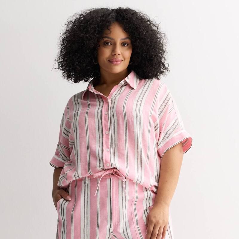 ソノマ レディース トップス シャツ プラスサイズ リネン Plusize Sonoma Goods For Life Striped Linen Camp Shirt Pink Plum Strip