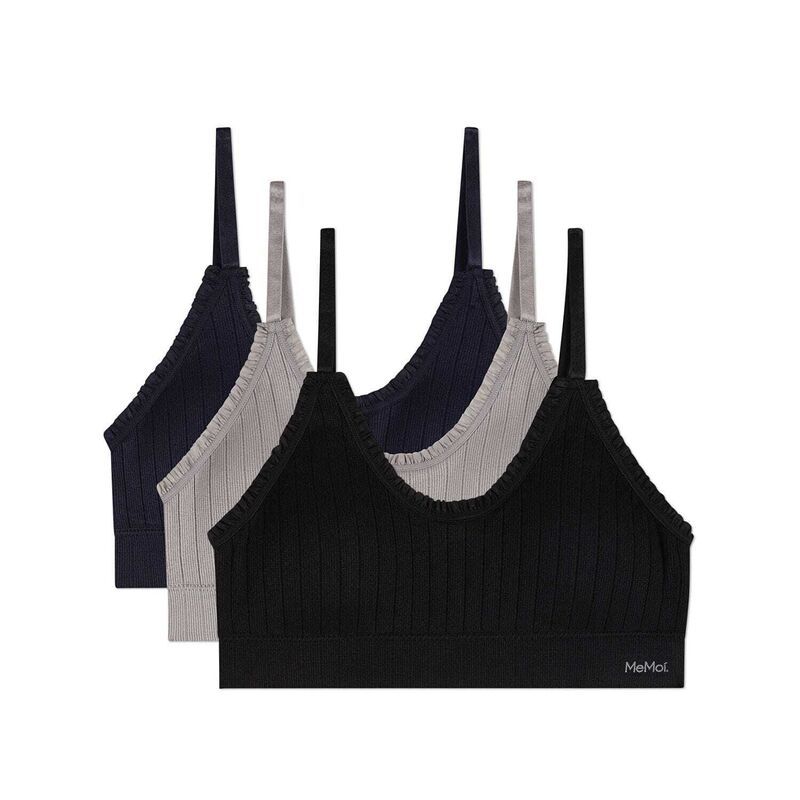 メモイ レディース アンダーウェア ブラジャー フリル MeMoi Womens 3 Pair Pack Seamless Ruffle Trim Bra Navy Silver Black ブラック