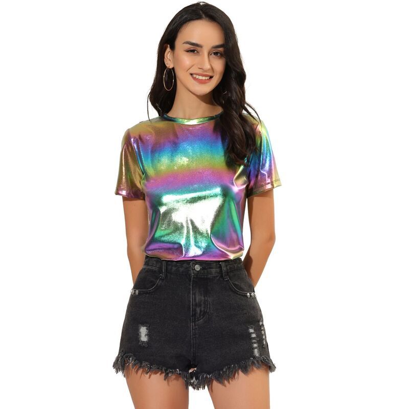 アレグラ ケー レディース トップス シャツ トール ALLEGRA K Womens Discoutfit Party Club Sparkly Rainbow Metallic Top Color