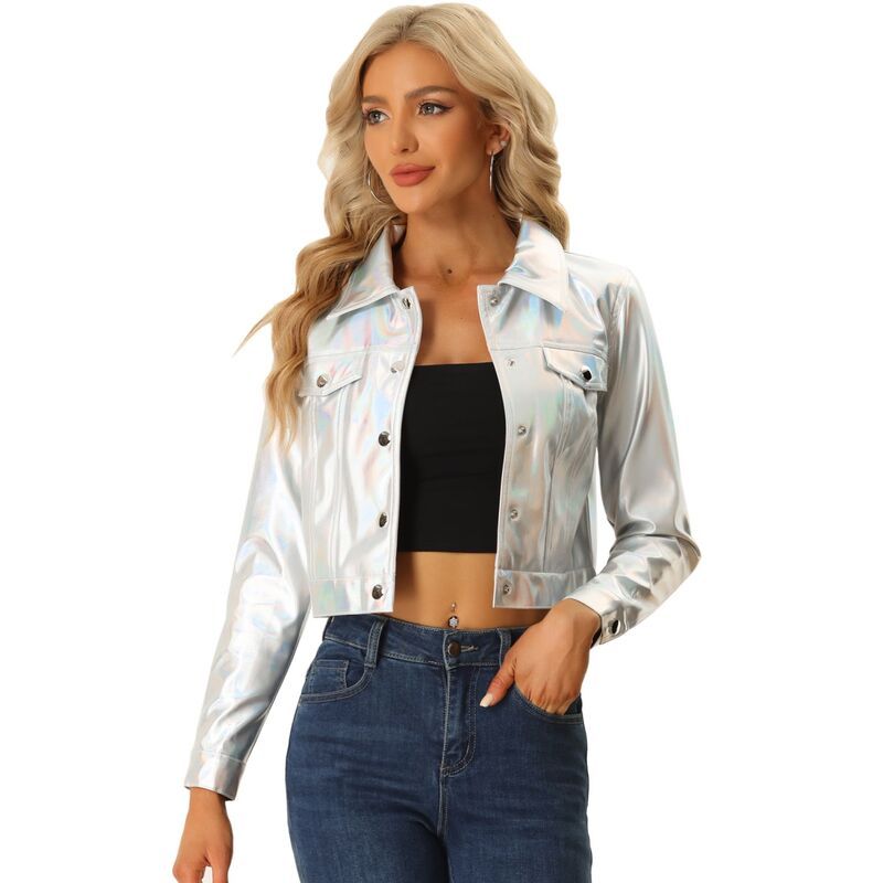 アレグラ ケー レディース アウター ジャケット・ブルゾン ボタンダウン トール ダウン グラフィック ALLEGRA K Womens Holographic Shiny Biker Button
