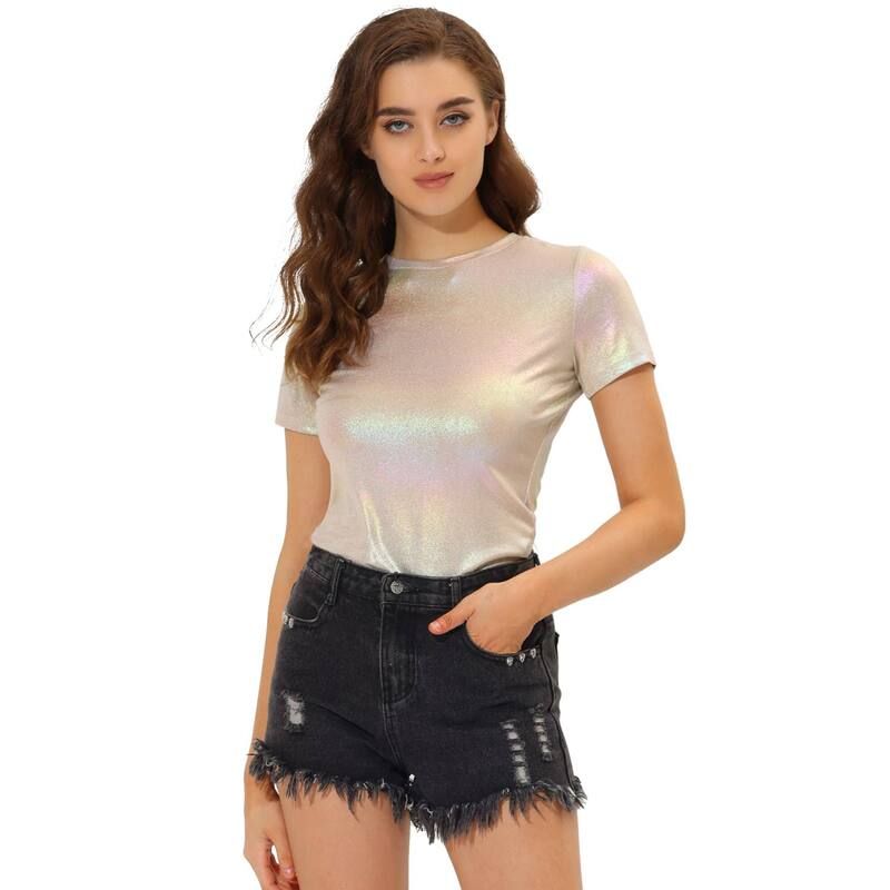 アレグラ ケー レディース トップス シャツ トール ALLEGRA K Womens Discoutfit Party Club Sparkly Rainbow Metallic Top Beige