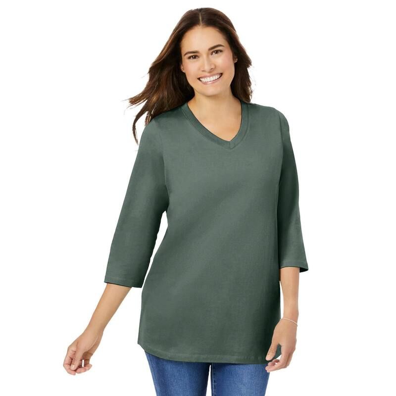 ウーマン ウィズイン レディース トップス Tシャツ Vネック プラスサイズ Woman Within Plusize PerfecthreeQuarter Sleeve VNeck Tee Pine