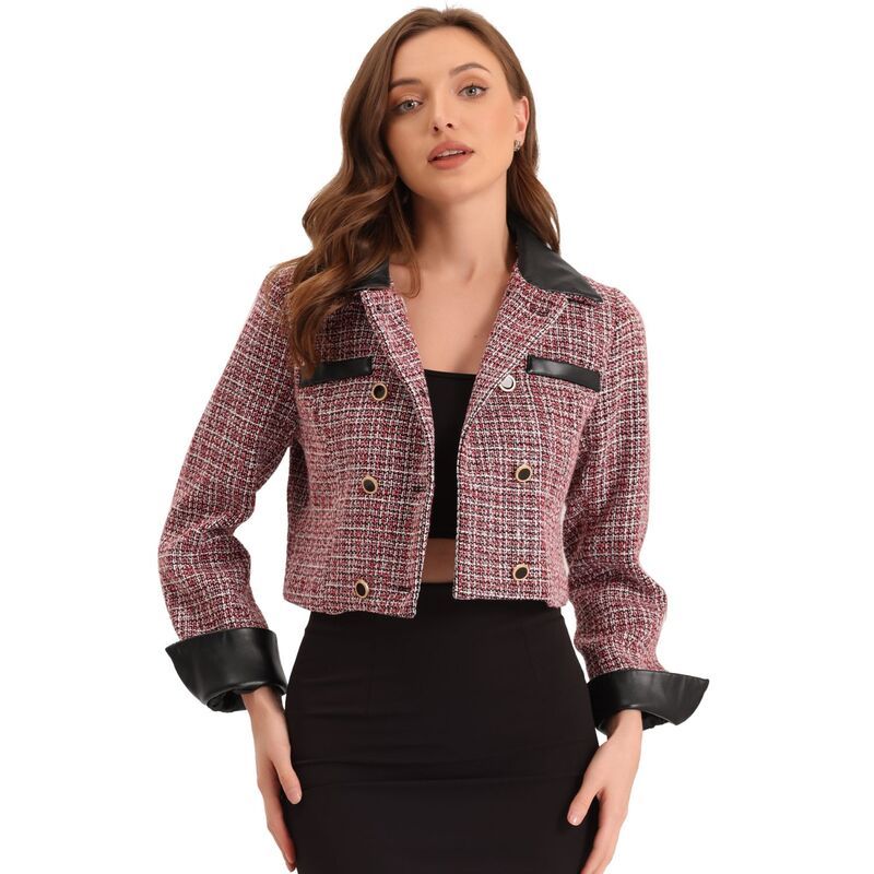 アレグラ ケー レディース アウター ジャケット・ブルゾン ヴィンテージ ツイード コントラスト クロップド ブレザー ALLEGRA K Womens Contrast Collar Double