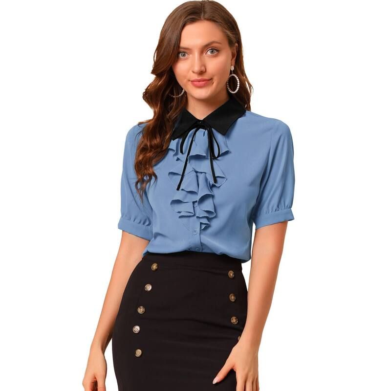 アレグラ ケー レディース トップス シャツ フリル コントラスト ALLEGRA K Womens Contrast Collar Tie Ruffle Front Button Short Sle