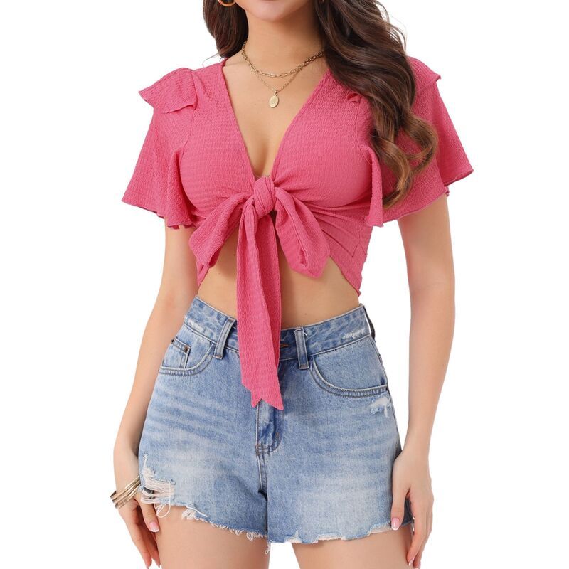 アレグラ ケー レディース トップス Tシャツ フリル ブラウス ALLEGRA K Ruffle Sleeve Crop Top For Womens Tie Closure Summer Casu