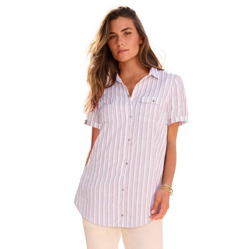 ロアマンズ レディース トップス Tシャツ プラスサイズ Roamans Womens Plusize Seersucker Shirt White Triple Stripe ホワイト