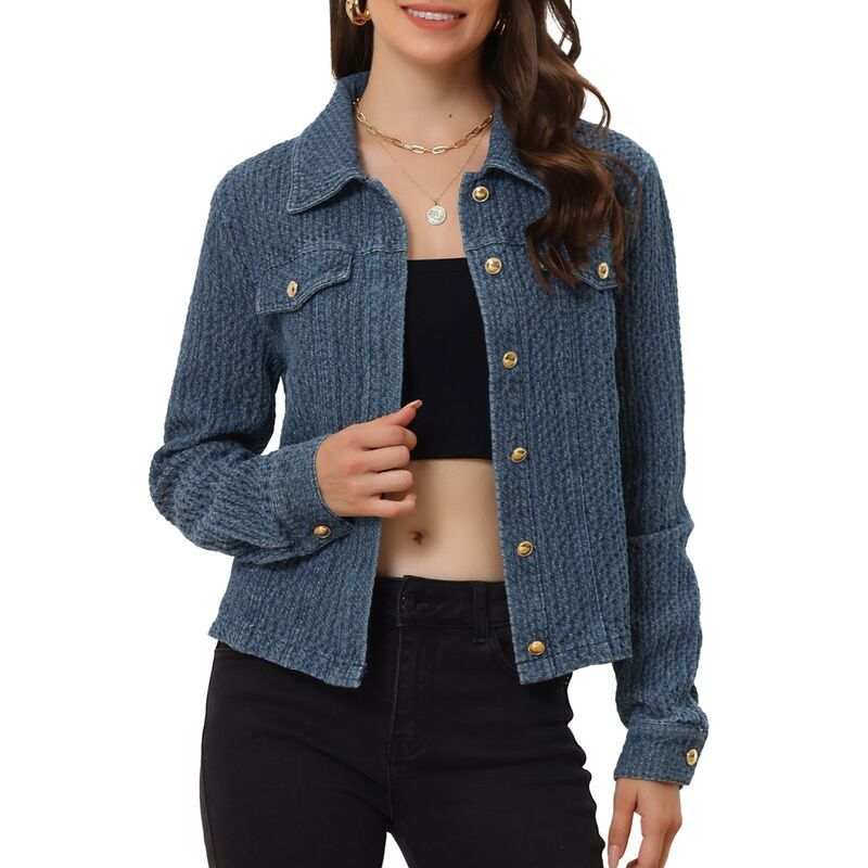 アレグラ ケー レディース アウター ジャケット・ブルゾン デニム ALLEGRA K Womens Jean Jacket Button Up Long Sleeves Texture Washed
