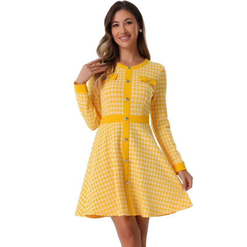アレグラ ケー レディース トップス ワンピース A ライン ALLEGRA K Womens Houndstooth Dress Round Neck Button Front ALinelegan