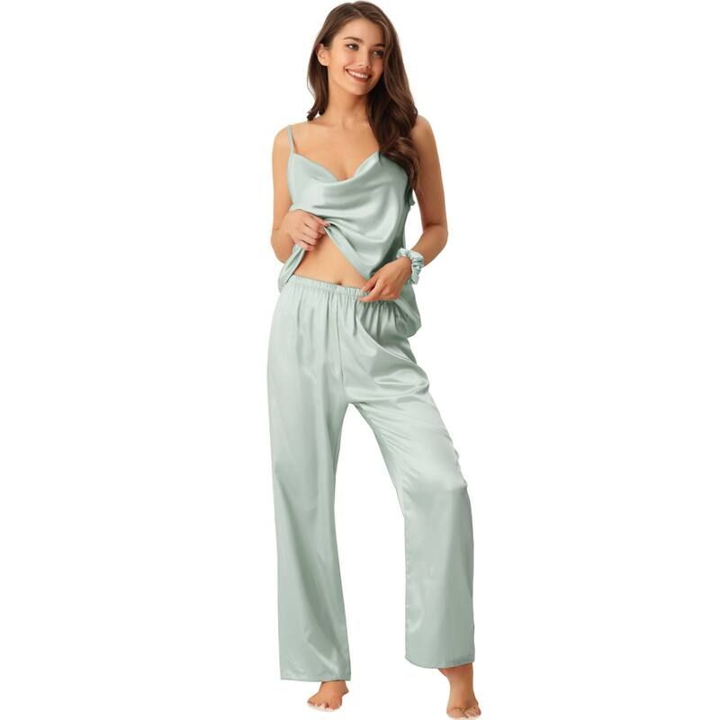 cheibear レディース アンダーウェア ナイトウェア サテン シルク cheibear Womensatin Sleepwear Cowl Neck Cami Top with Long Pan