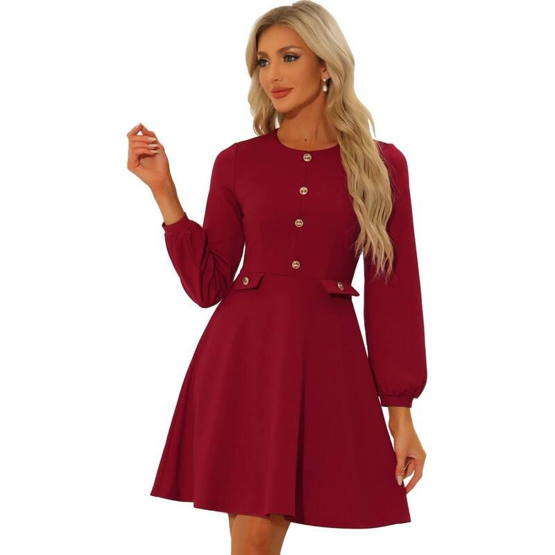 アレグラ ケー レディース トップス ワンピース コントラスト ALLEGRA K Work Office Dress For Womens Contrast Button Decor Long Sl