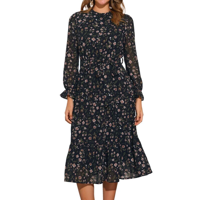アレグラ ケー レディース トップス ワンピース モックネック シフォン フラワー柄 ミディ フラワー ALLEGRA K Floral Mock Neck Dress for Womens Long