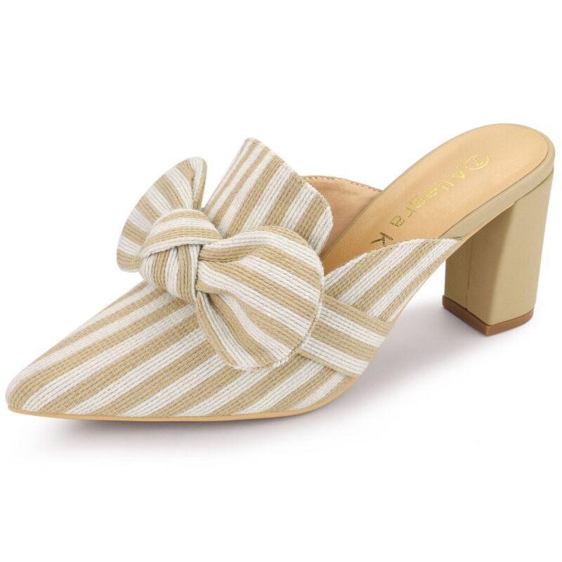 アレグラ ケー レディース シューズ サンダル ヒール ALLEGRA K Womenstripe Bow Pointed Toe Block Heel Slides Mules Beige ベージュ
