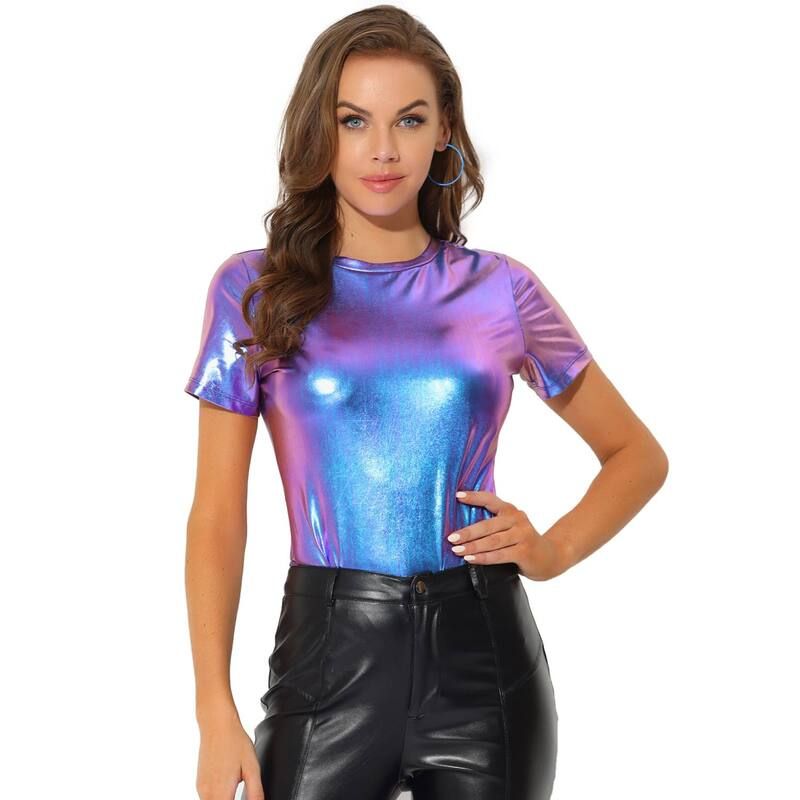 アレグラ ケー レディース トップス シャツ トール ALLEGRA K Womens Discoutfit Party Club Sparkly Rainbow Metallic Top Blue