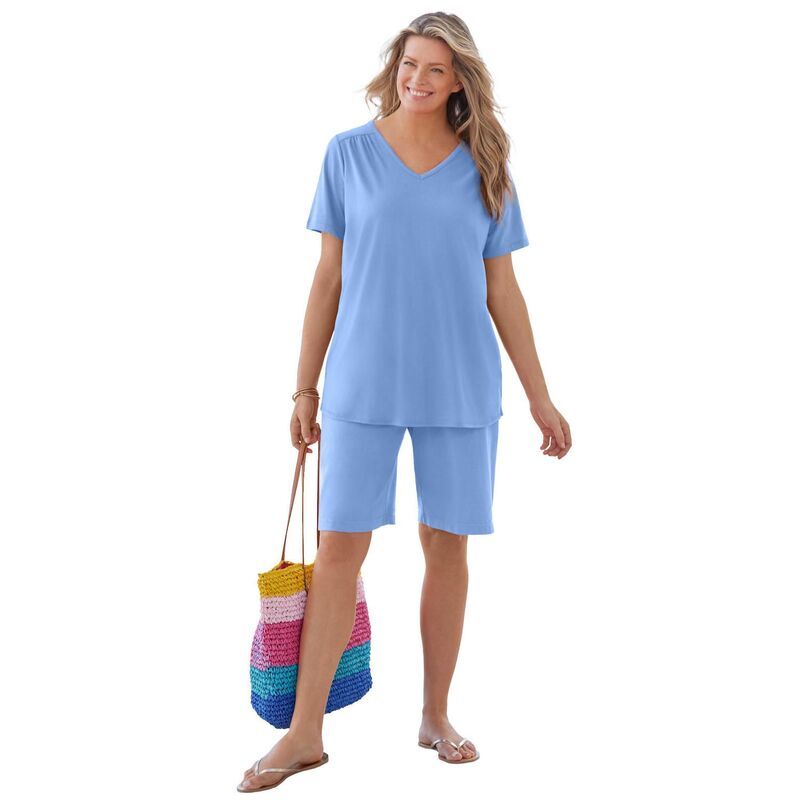 ウーマン ウィズイン レディース トップス Tシャツ Vネック プラスサイズ 半袖 Woman Within Plusize ShortSleeve VNeck Shirred Tee French