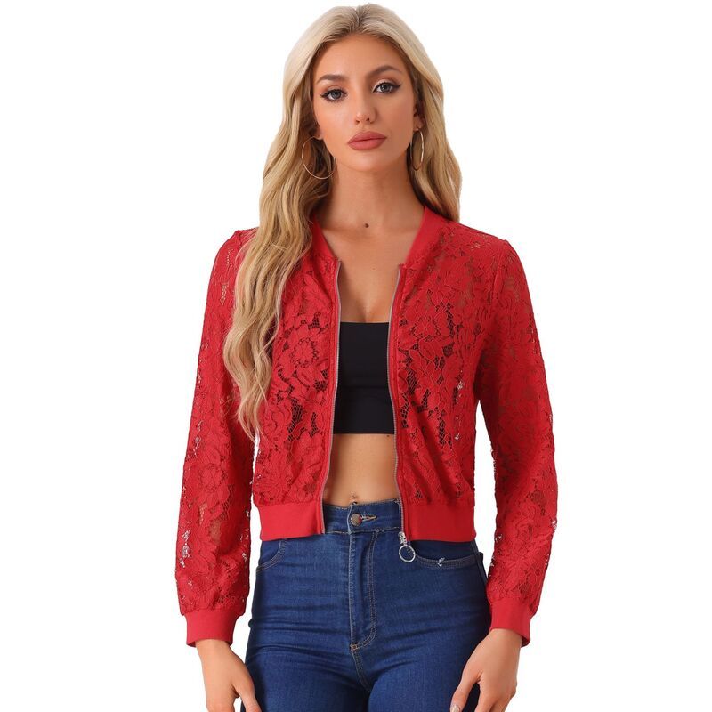 アレグラ ケー レディース アウター ジャケット・ブルゾン メッシュ シアー レース ALLEGRA K Lace Jackets For Womenstand Collar Zip Up Meshe