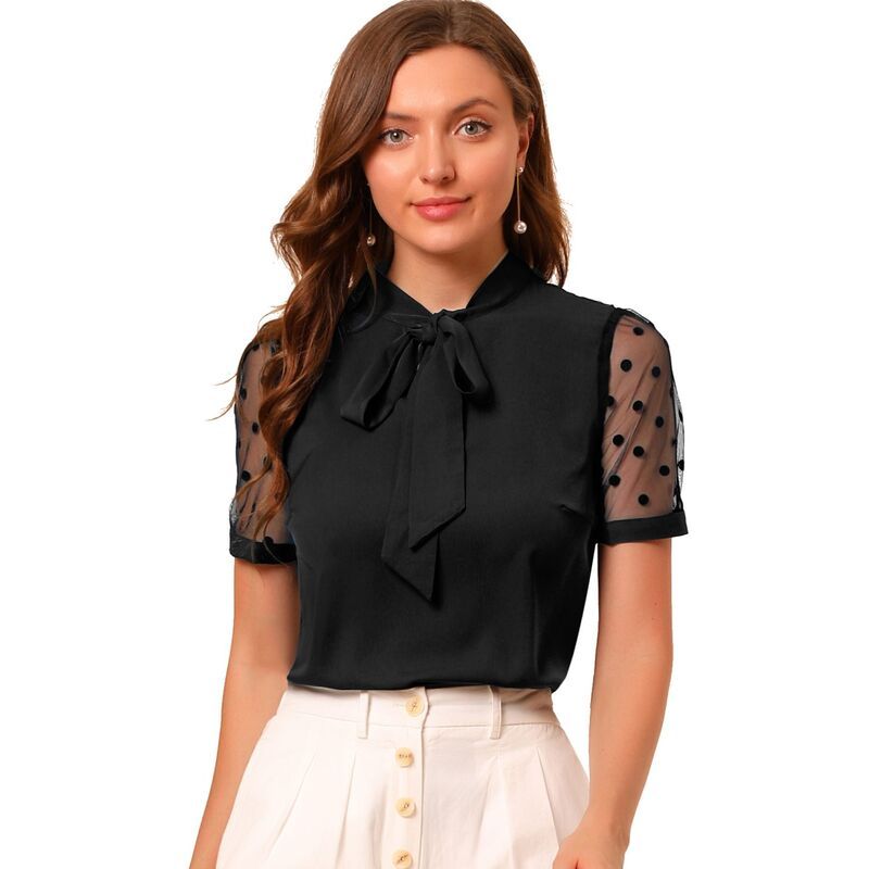 アレグラ ケー レディース トップス シャツ Vネック メッシュ ブラウス ALLEGRA K Womens Bow Tie Neck V Neck Stand Collar Short Mesh S