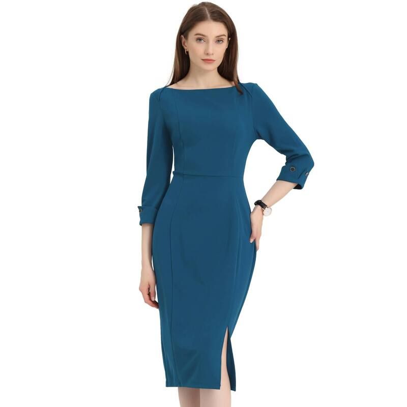 アレグラ ケー レディース トップス ワンピース ミディ ALLEGRA K Womens Elegant Boat Neck 34 Sleeves Wear To Work Midi Split S