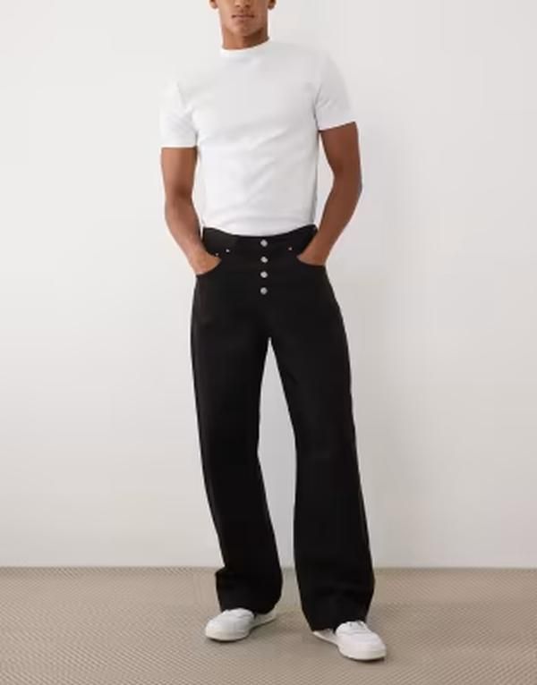 エイソス メンズ ボトムス カジュアルパンツ ASOS DESIGN baggy pants with exposed buttons Black ブラック