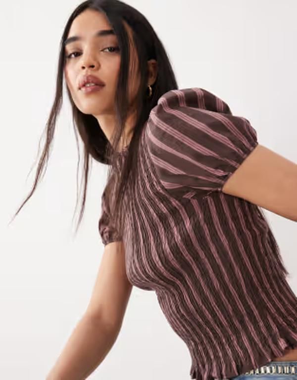 エイソス レディース トップス Tシャツ ASOS DESIGN shirred puff sleeve top stripe Chocolate Stripe チョコレート 11,701円